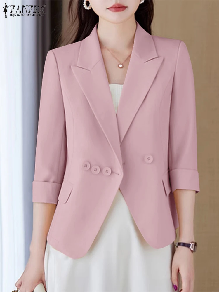 ZANZEA Vrouwen Revers Hals Colberts 3/4 Mouw Pendelen Classy Office Lady Blazer Effen Kleur Elegante Koreaanse Stijl Casual Blazer