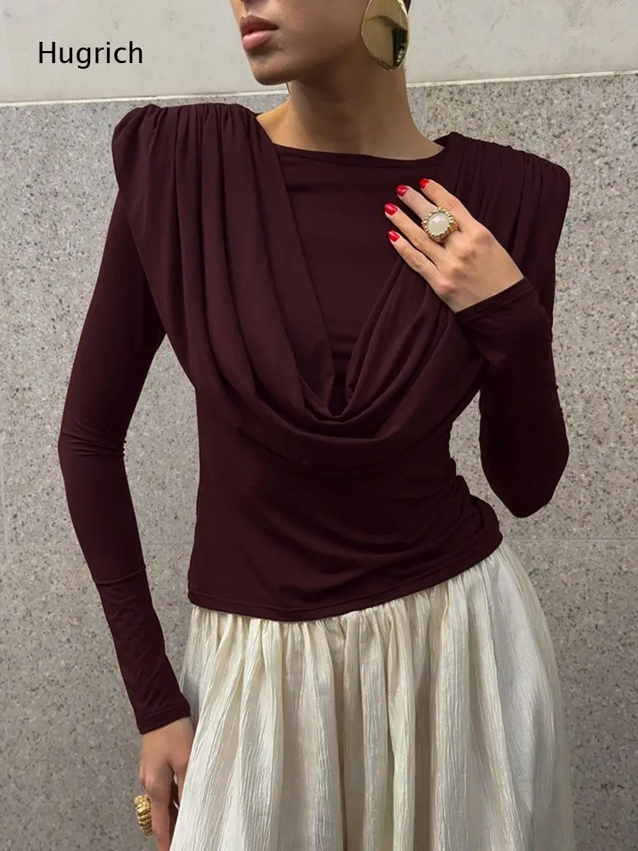 Women Black Draped Cowl Neck Long Sleeve Top Padded Shoulder Slim Fit Elegant Party Casual Blouse