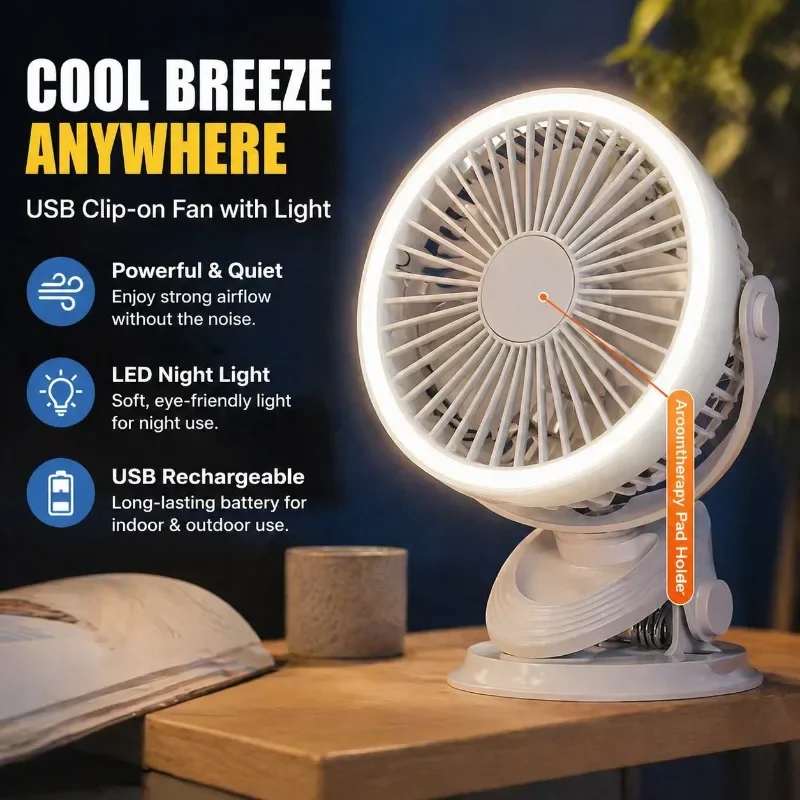 

USB Clip-on Fan with Clip, Portable Small Desk Fan, Rechargeable Silent Camping Light, Mini Fan for Outdoor Travel Night Light