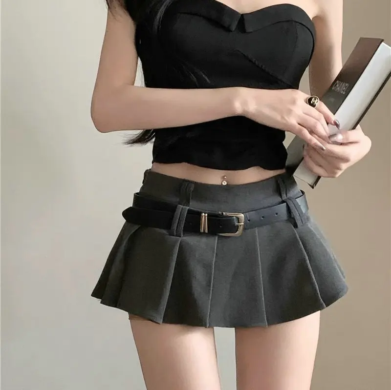 2025 Summer New Black Pleated Mini Skirt with Belt - High-Waisted Fashionable Women's Short Skirt Versatile A-lineirt