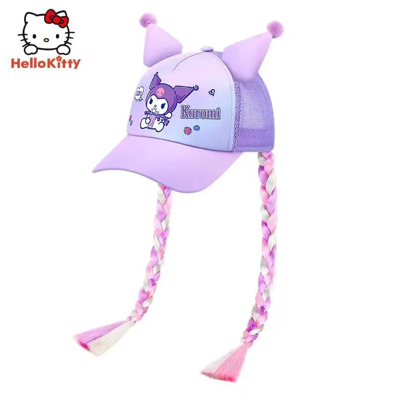 Sanrio Kuromi Baseball Cap Summer Sun Hats for Girl Breathable Visor Hat Kawaii Wig Braid Cute Kids Children Aged 5-10 Sunhat