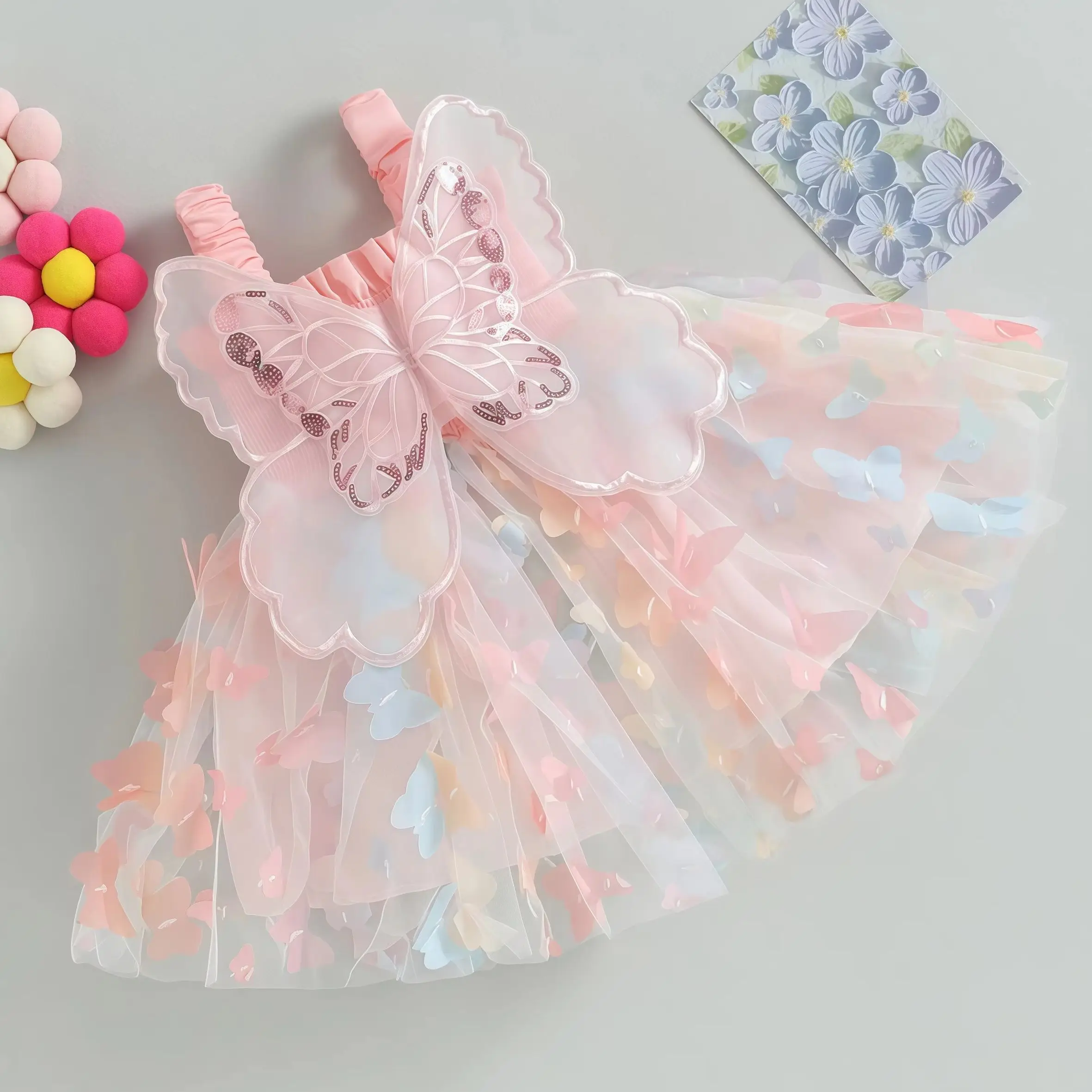 Baby Girls Party Princess Dress Summer Kids 3D Fairy Butterfly Wings Sleeveless Tulle Sling Dress Children Birthday Party Gown