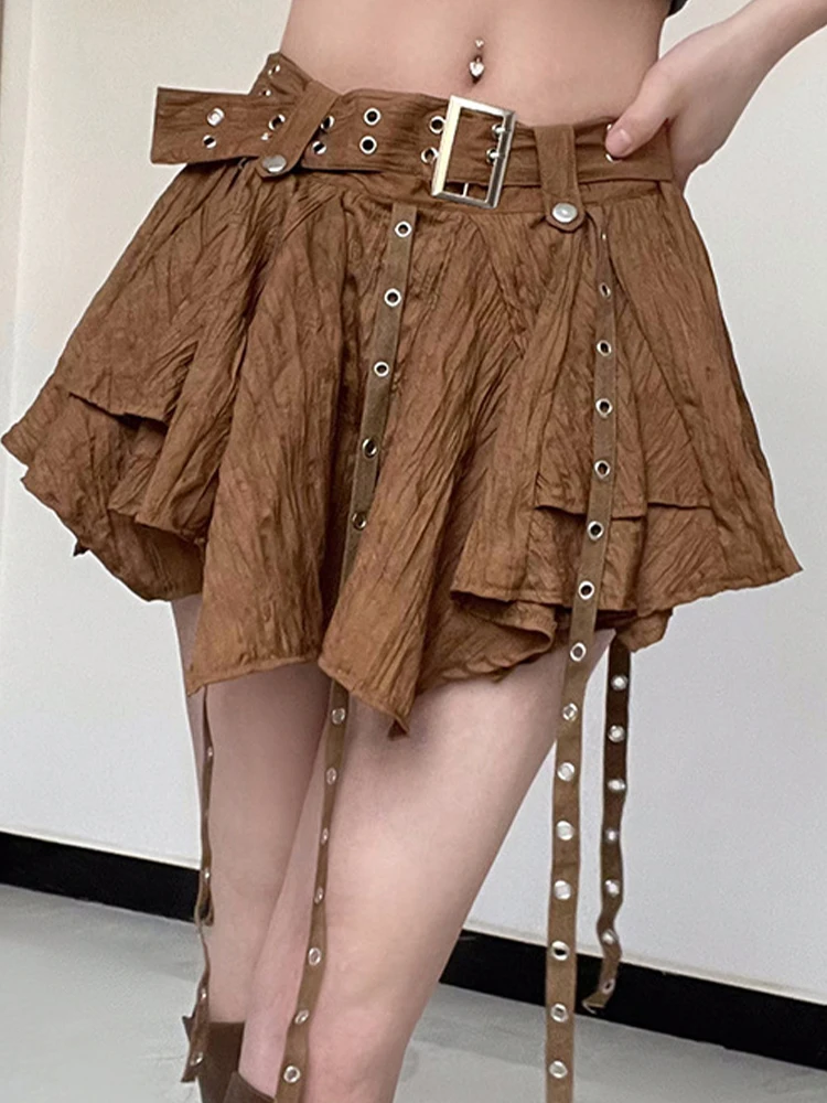 Vintage Harajuku Mini Skirt Women Summer Low Waist Irregular Pleated Skirt American Retro Preppy Style Mini Skirt Y2k Streetwear