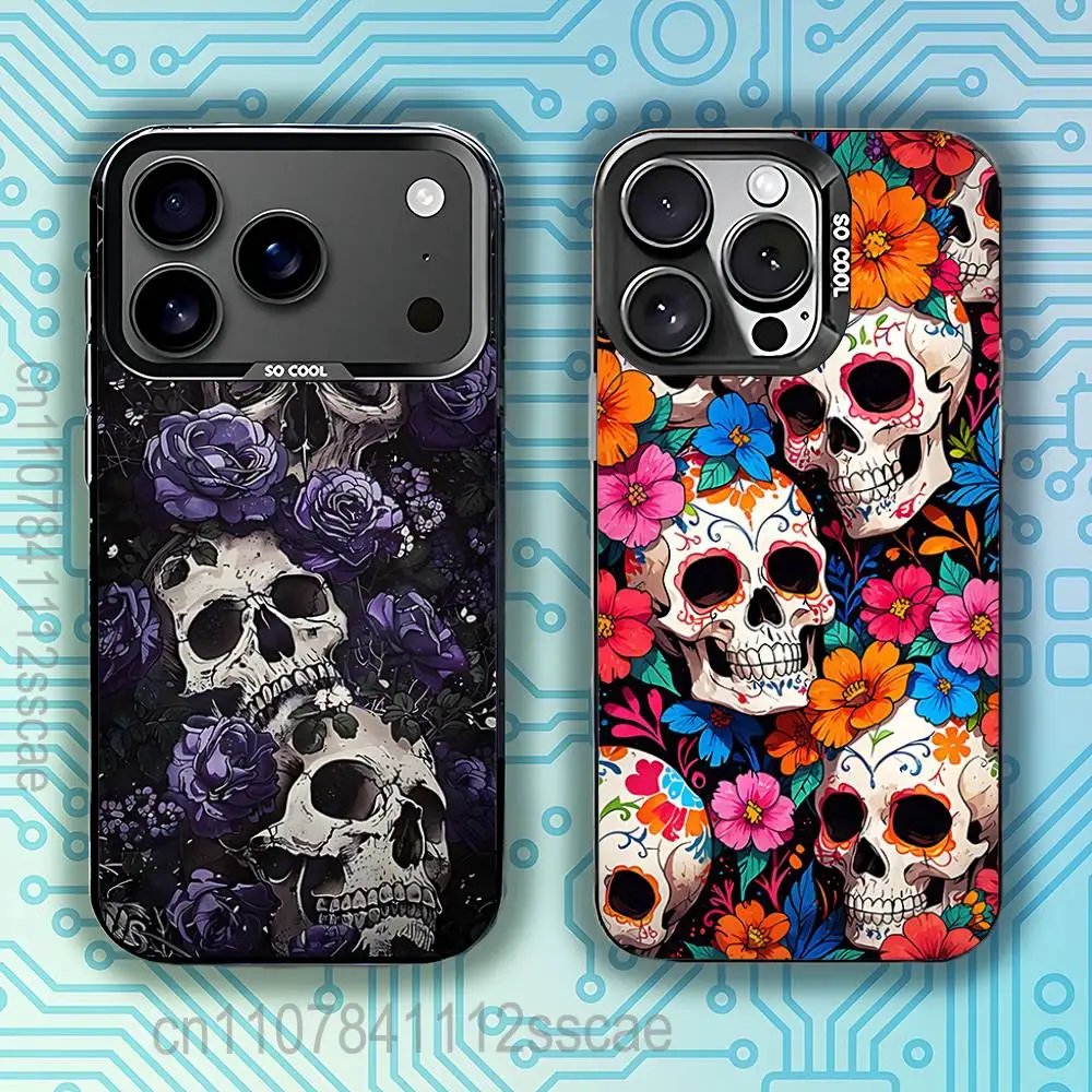 

Skull flower Pattern Phone Case For iPhone 17,16,15,14,13,12,11,Pro,Max,Plus,E,Air,Mini Anti Fall Black Bumper