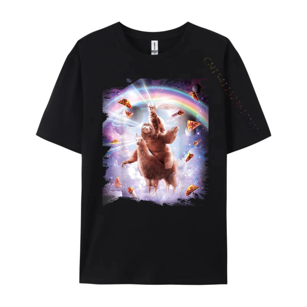 Laser Eyes Space Cat Riding Sloth Llama - Rainbow Shirts Graphic Tee White T Shirt Men