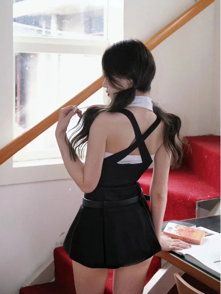 Preppy Style Sweet Hot Girl Suits Women Sleeveless Backless Shirt Shoulder Strap A-line Dress Summer Fashion Two-piece Set New