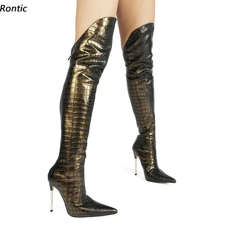 Rontic Handmade Women Winter Over Knee Boots Crocodile Sexy Stiletto Metal Heels Pointed Toe Green Party Shoes US Size 4-13