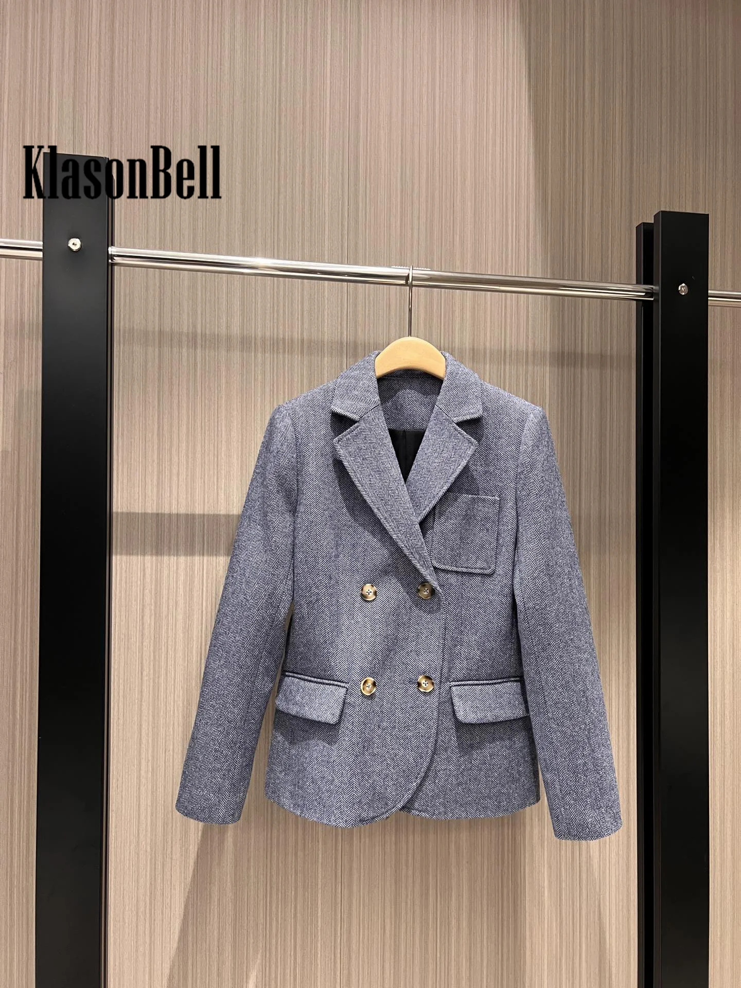 11.20 KlasonBell Noble Elegant Double-Breasted Herringbone รูปแบบขนสัตว์ Blazer สามกระเป๋าออกแบบปก Slim Jacket ผู้หญิง