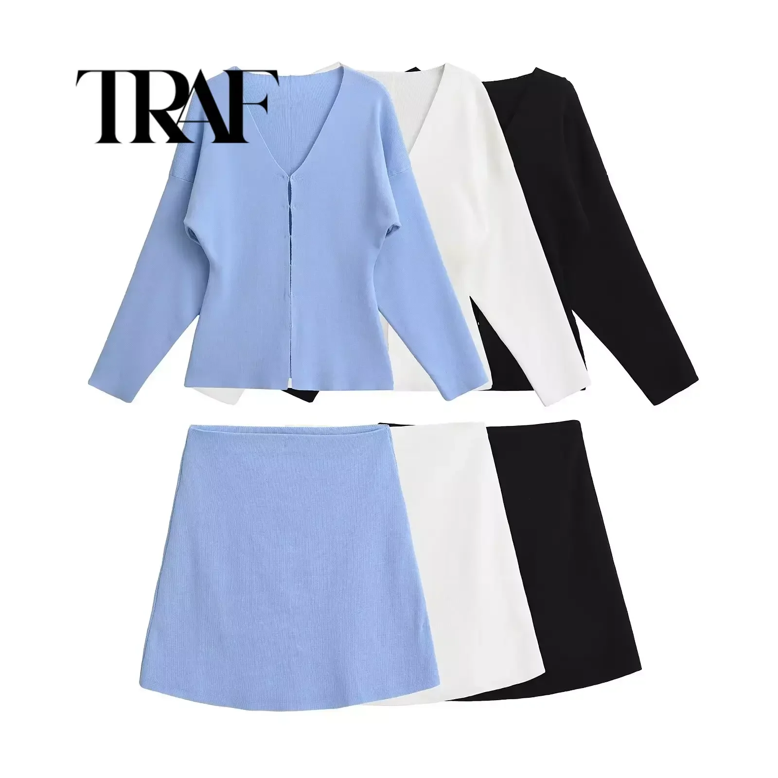 TRAF-Ensemble Mini Jupe Tricotée pour Femme, Manteau 2 Pièces, Costumes, Tenue, Streetwear, Vêtements