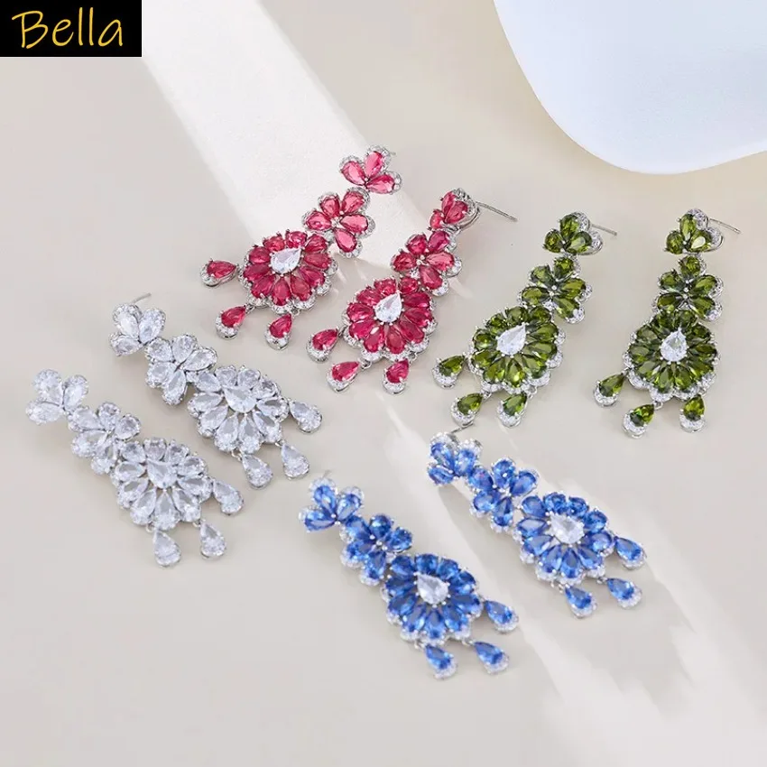 أقراط على شكل زهرة بيضاء للنساء مجوهرات فاخرة حلوة أزرق فوشيا أخضر أصفر زهرة أقراط متدلية طويلة لحفلات العشاء #6