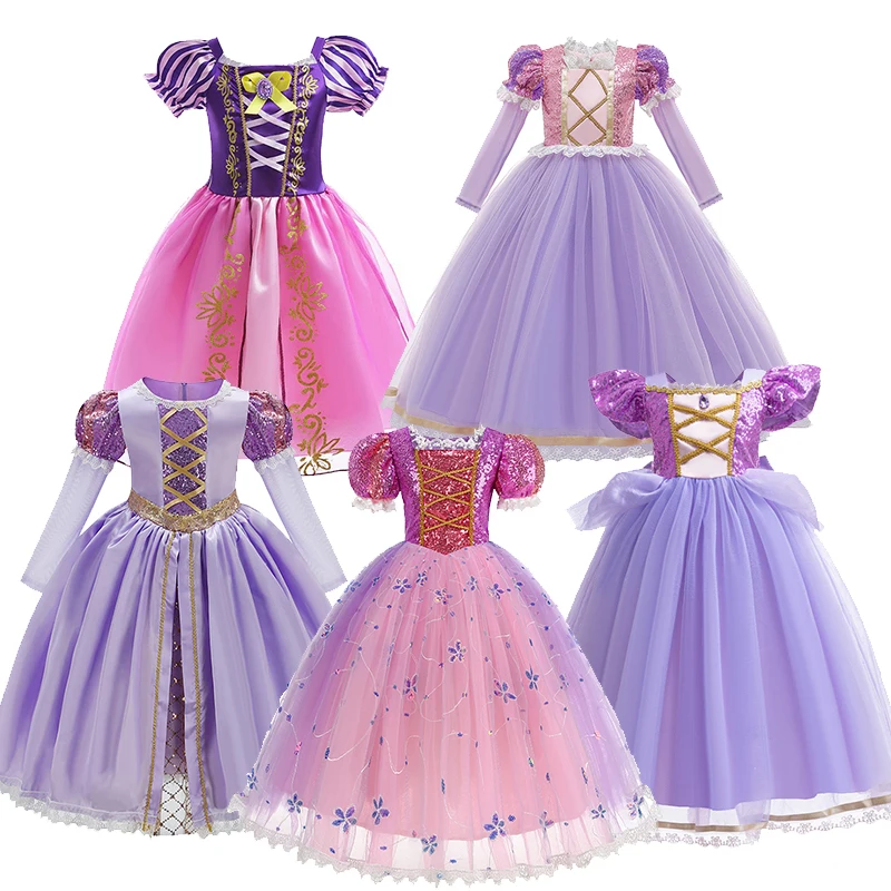 Girl's Rapunzel Princess Dress for Kids Carnival Cosplay Tangled Costume Birthday Party Gifts Sequins Mesh Bow Clothing