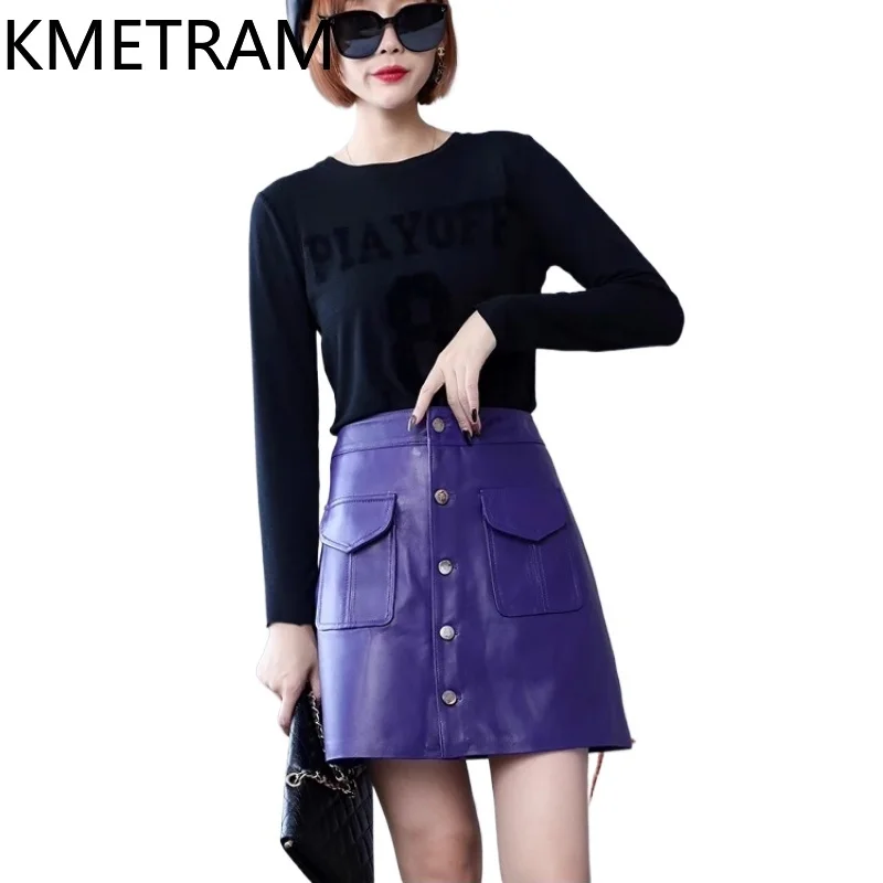KMETRAM 100% Top Layer Sheepskin Skirts Woman 2025 Genuine Leather High Waisted Mini Skirt Autumn Women Clothing юбка шорты