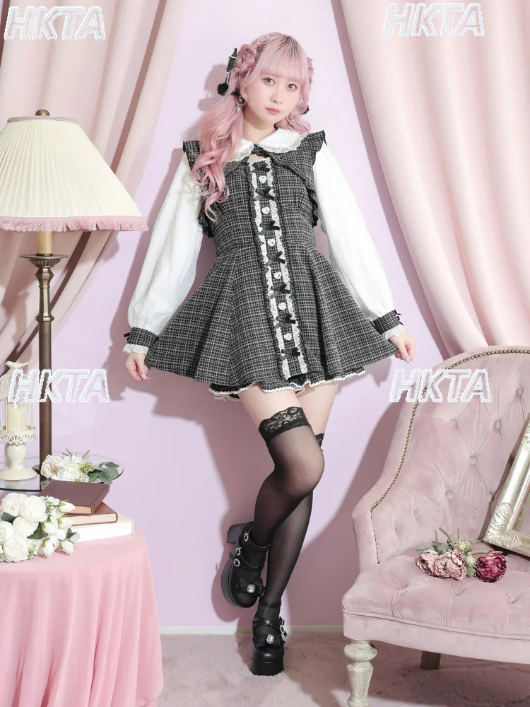

Japanese Sweet Dress Winter Cute Lolita Bow Lace Trim Slimming Princess Long Sleeve Dress Exquisite Shorts Two-Piece Set Women
