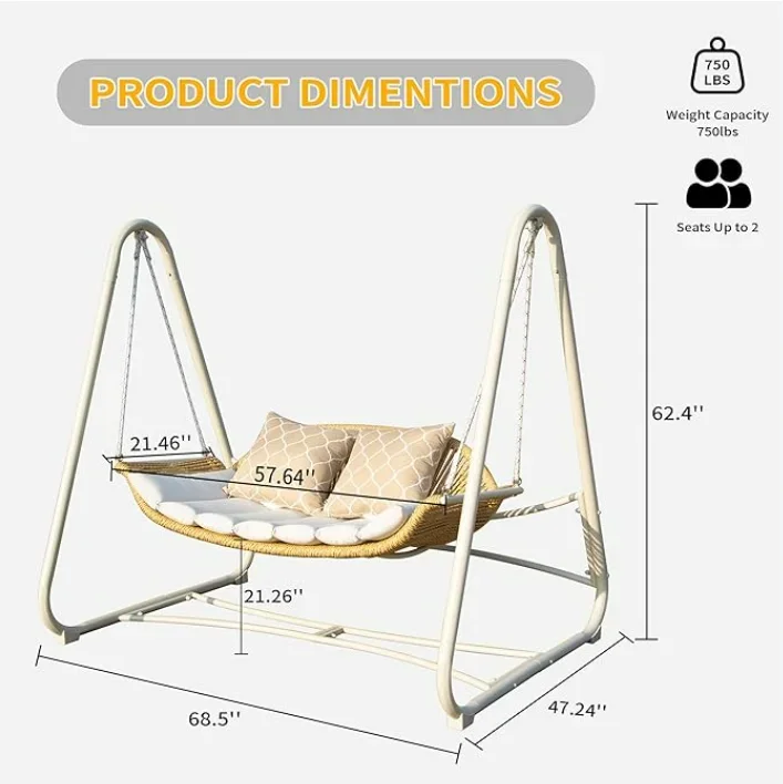 2026 3-Seater Modern Garden Rattan Rope Swing Chair Metal Patio Hammock with Hanging Lounge & Rocking Feature for Gym Outdoor Ca