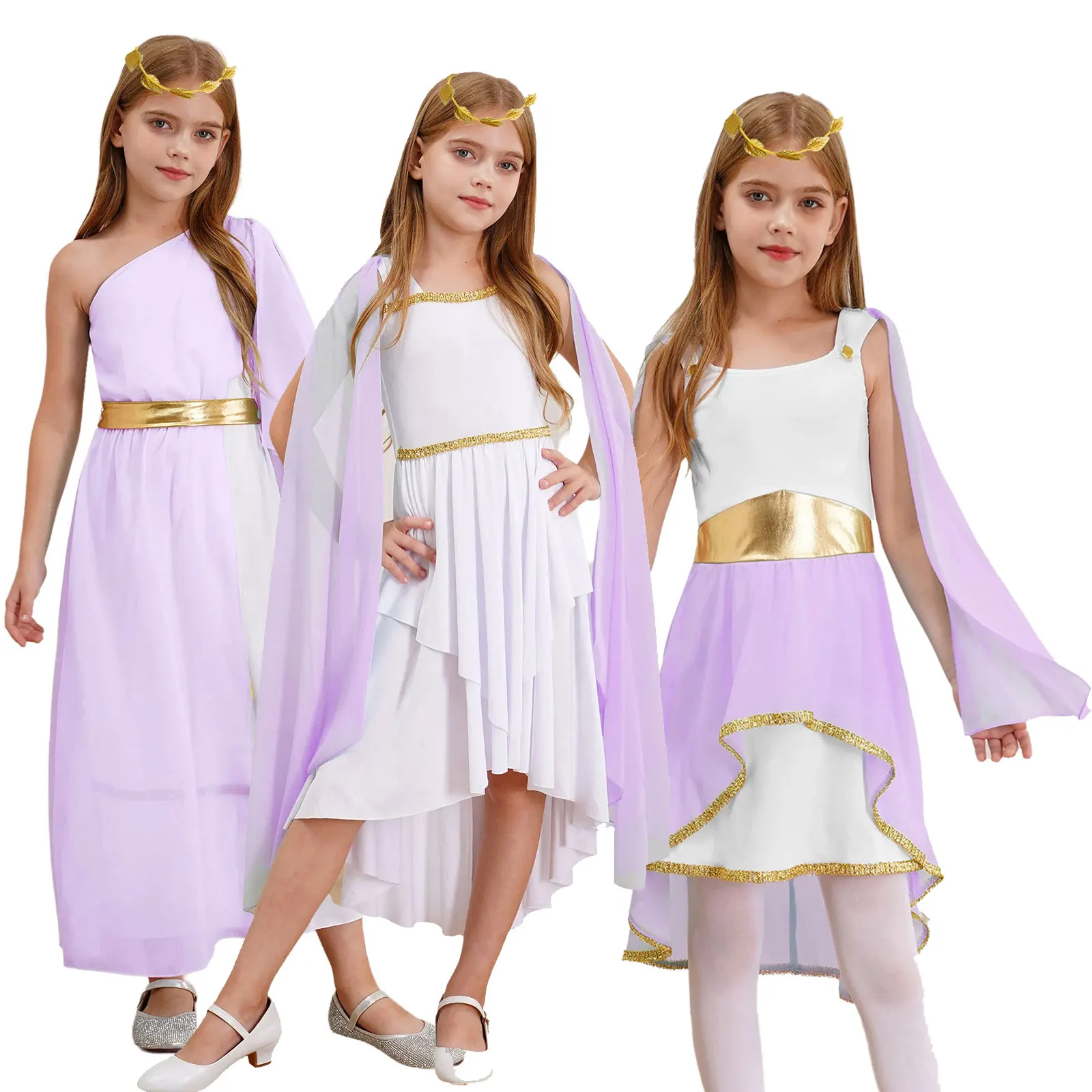 6-16 Girls Ballet Dancwear Halloween Ancient Greek Athena Goddesses Princess Cosplay Costume Roman Toga Dress Cape Sleeve Gown