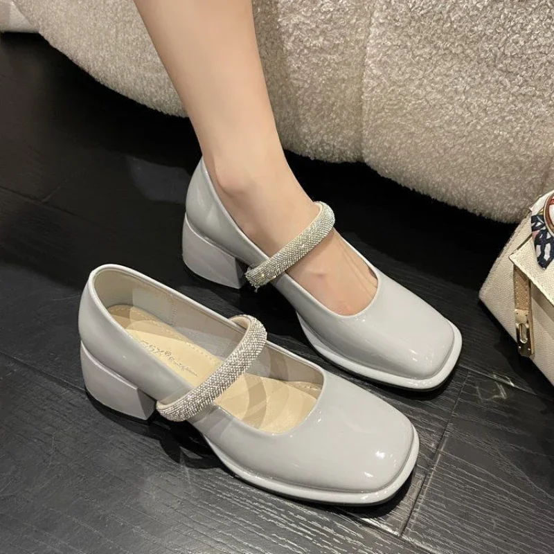 Black Shoes for Women with Medium Heels Japanese Style Lolita Square Toe Normal Leather Casual Mary Jane Rhinestone Gothic 39 E