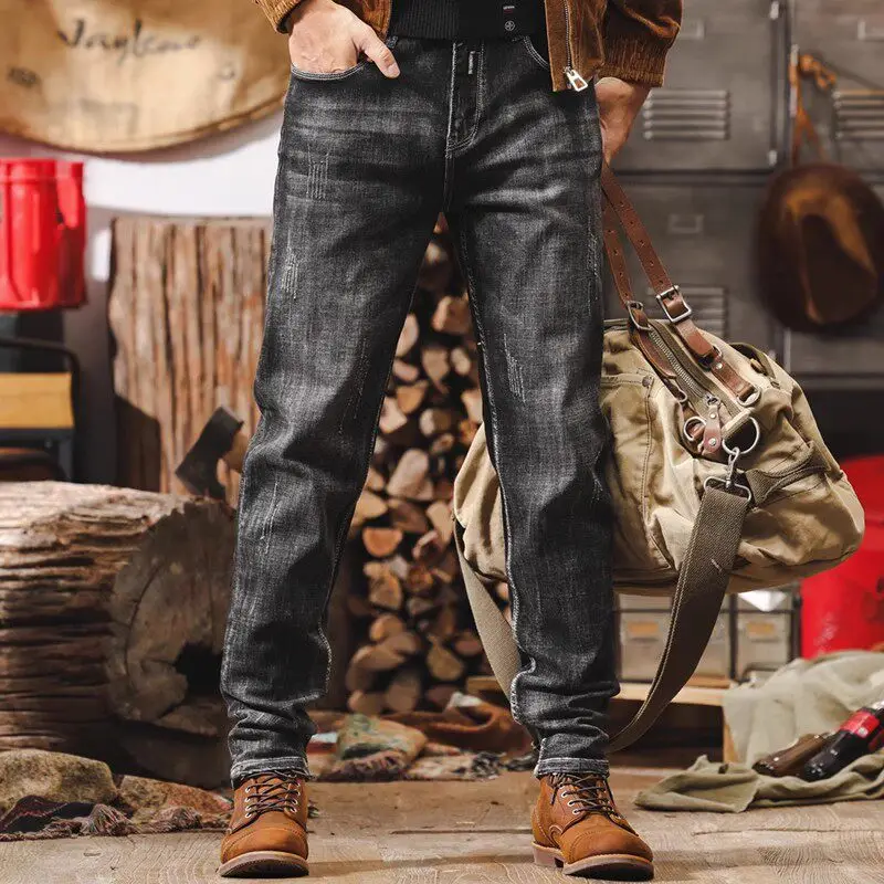 Retro Men's Straight Leg Jeans Whisker Wash Denim Pants with Fleece Lining Option Casual Cargo Style Trousers for Autumn Winter