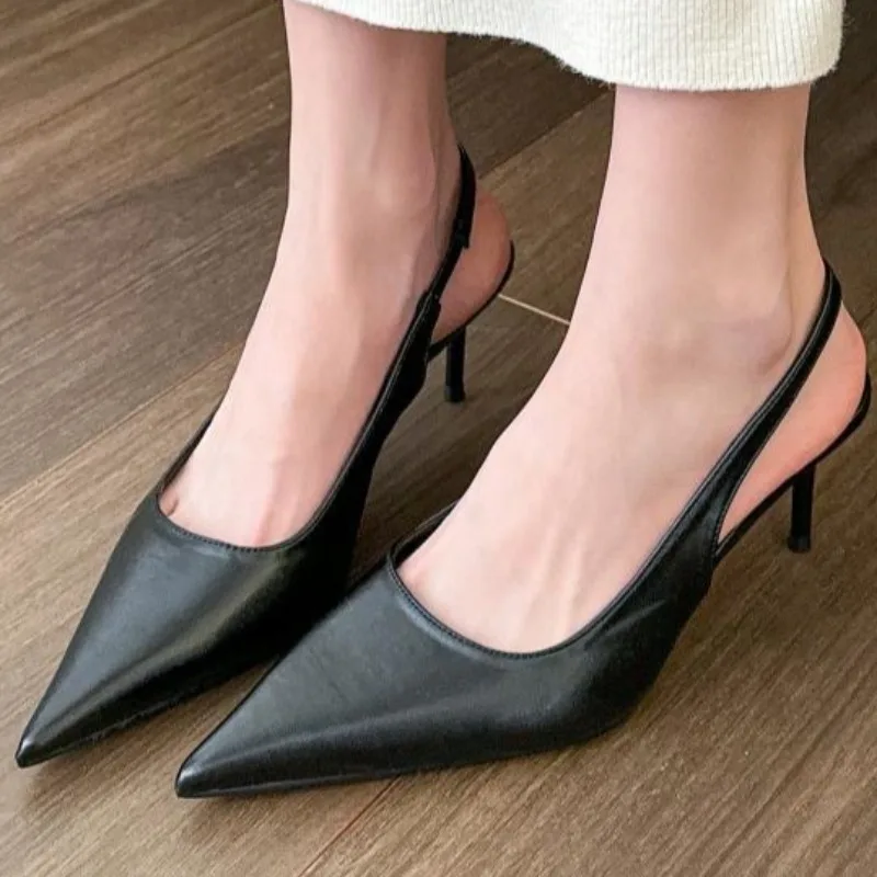 

Французские удобные сандалии с закрытым носком, весна 2024, новый стиль, темпераментная модная одежда, сексуальные кожаные туфли с острым носком на высоком каблуке, большие размеры