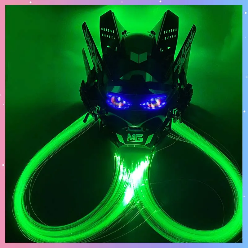 

Cyber Punk Mask With LED Screen Mech Warrior Helmet Cosplay Costumes With Light Braids Helmet Halloween Bar Party COS Props Gift