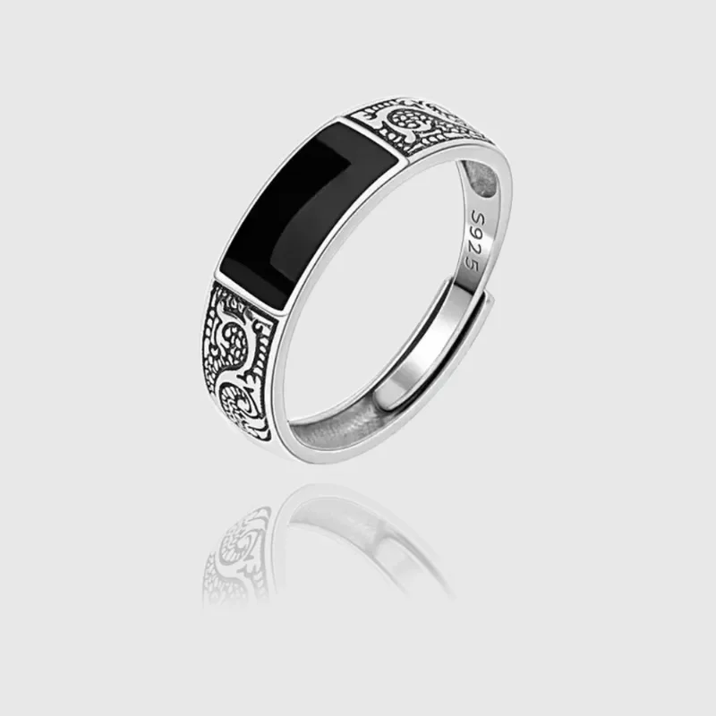 

Trendy 925 Sterling Silver Ring For Men Jewelry Black Rectangle Retro Dragon Pattern Ring Male Finger Accessories Open