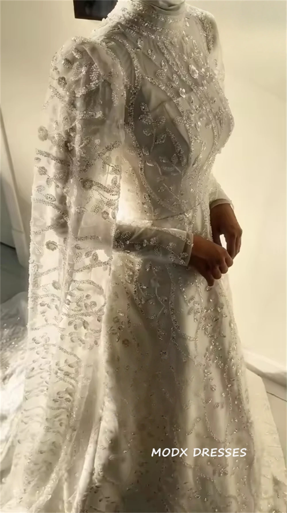 MODX Customized Luxury Muslim Wedding Dresses Floor-Length Full Sleeves A-Line Saudi Kuwait Shine Bridal Gowns Robe De Mariée