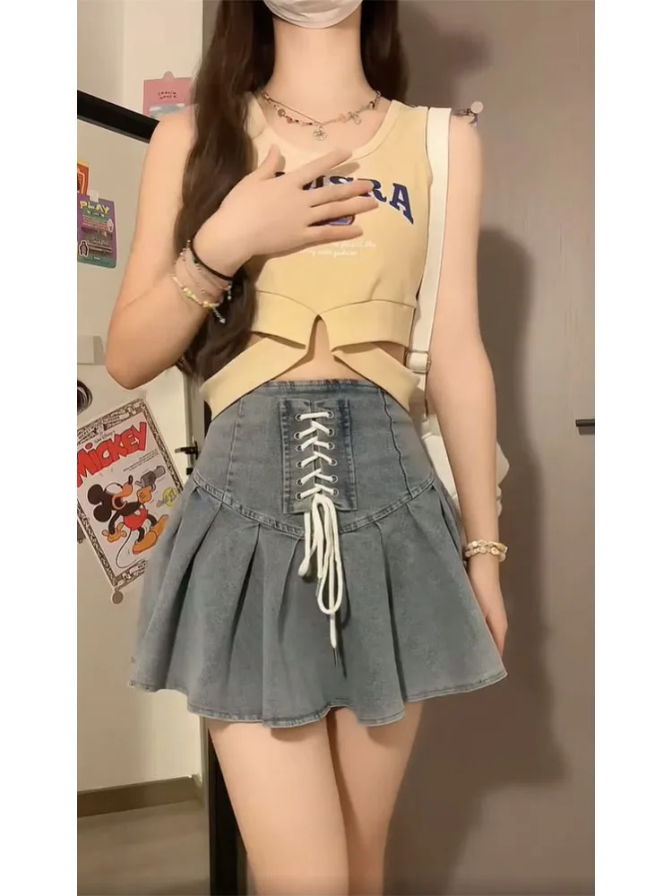 Jupe en jean taille haute pour femmes, douce et fraîche, fille épicée, ceinture amincissante, Design ligne a, jupe plissée, nouvelle collection été