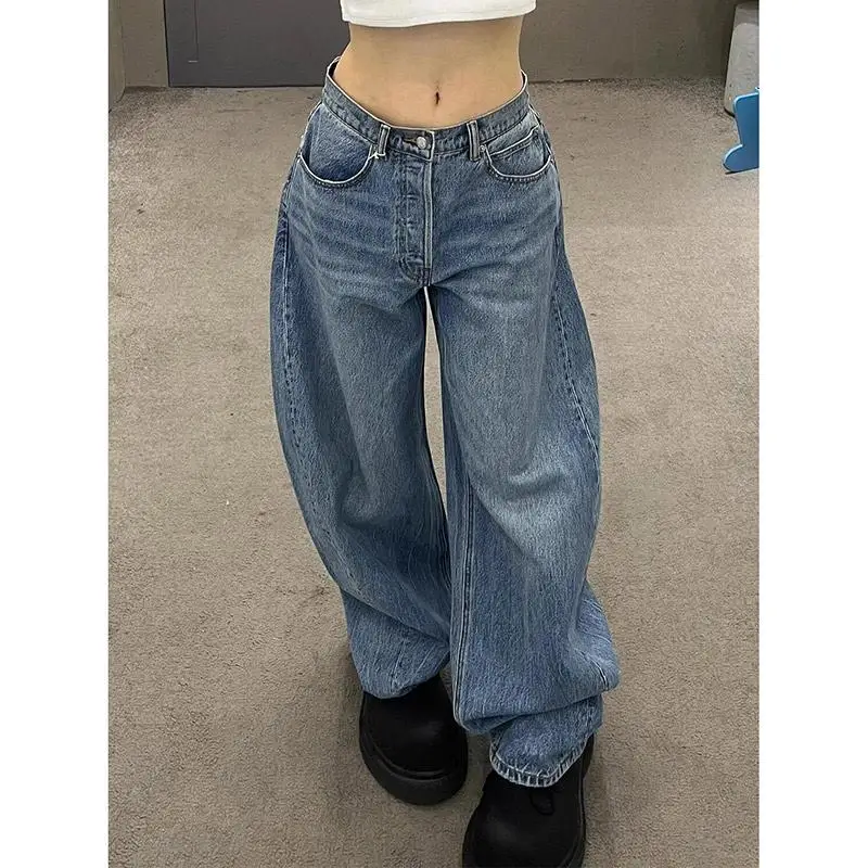 

Women Y2K Vintage High Waist Jeans Gradient Blue Wide Leg Denim Pants for Spring Streetwear