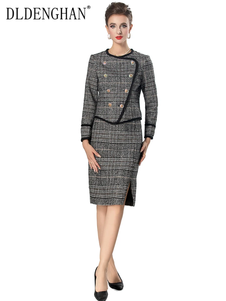 

DLDENGHAN Autumn Plaid Tweed Suit Women's O-Neck Double Breasted Jacket + Pencil Skirt Office Lady Two Piece Set Fashion New