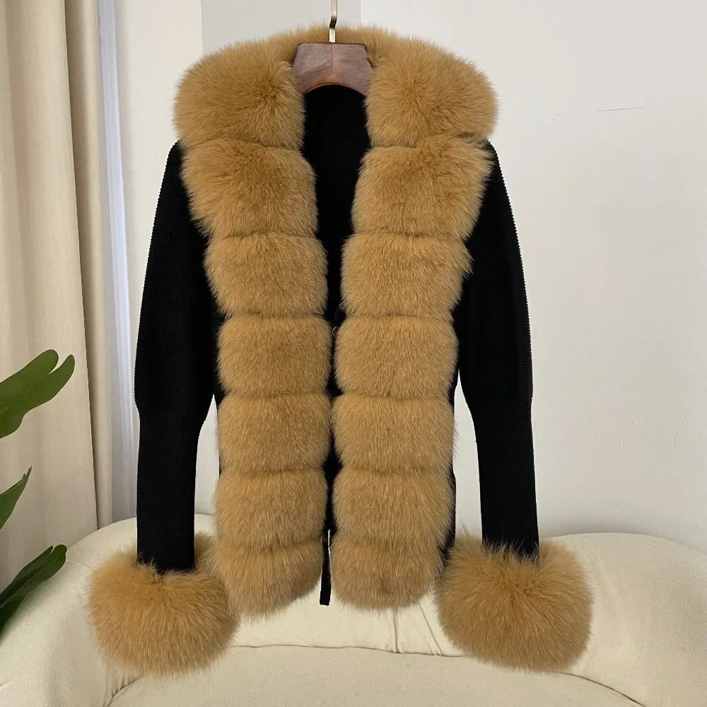 Reality Fur Jacket Luxury Patchwork Knitted Sweater Bandage Fur Cardigan Detachable Collar New Autumn-winter Women's Fur Coat