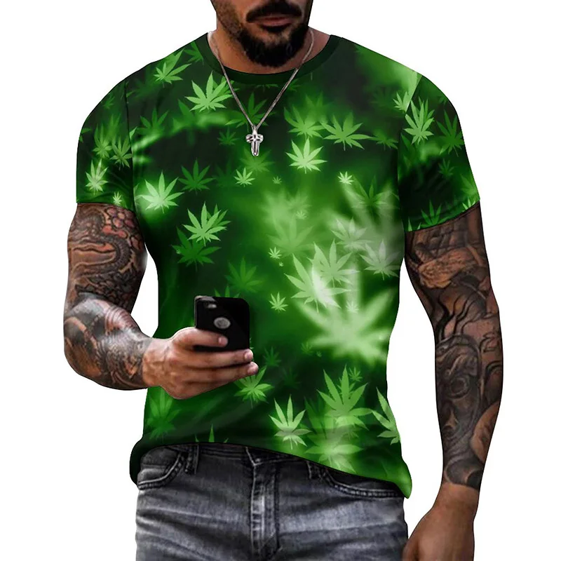 Full Print Green Clover Pattern Tshirt For Men Short Sleeve O Neck Casual Mens Tee Tops Oversized Streetwear Graphic Tee