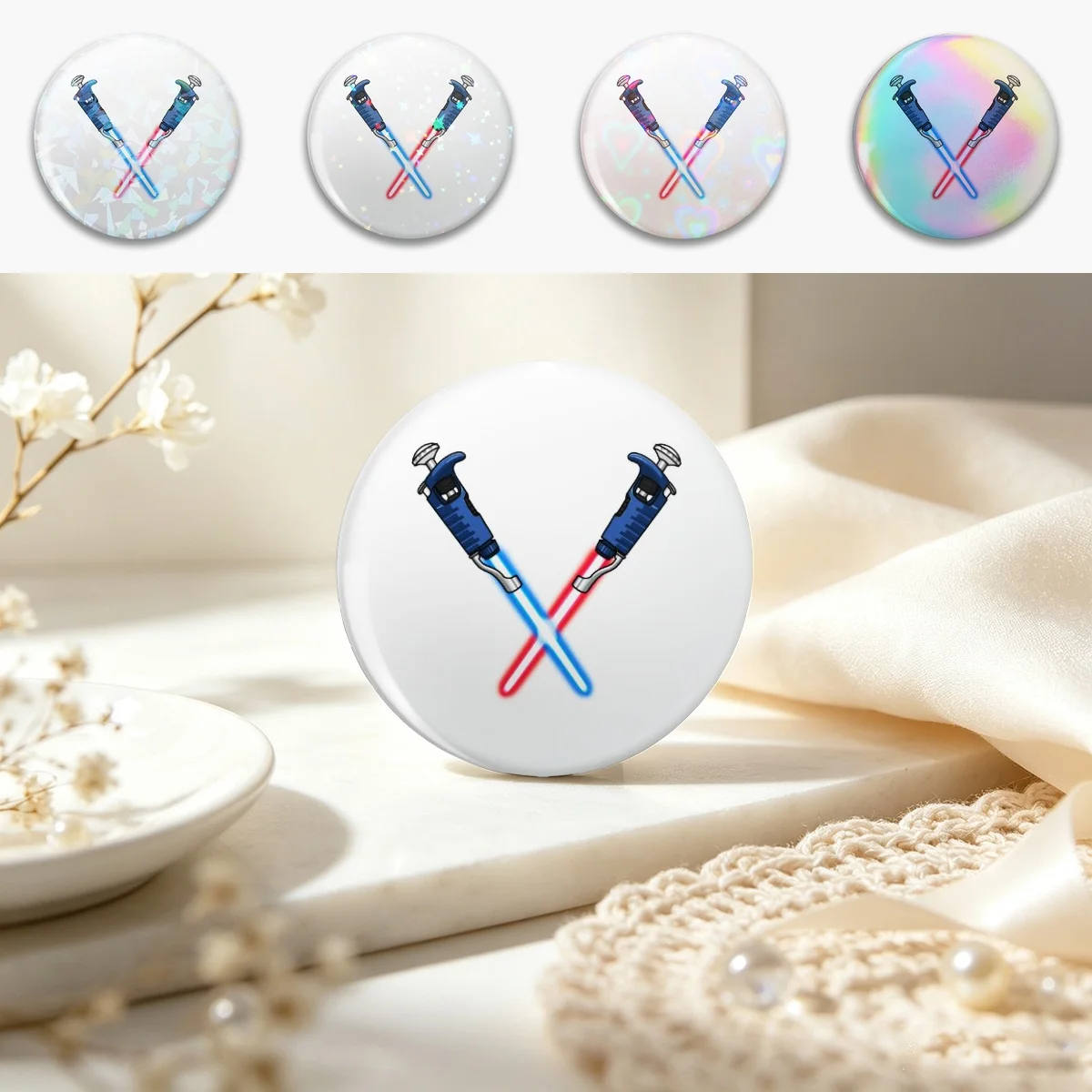 Dueling Pipettes (Pipesabers) Pin Holographic Star Heart Pin Brooches Laminated Button Fashion Accessory