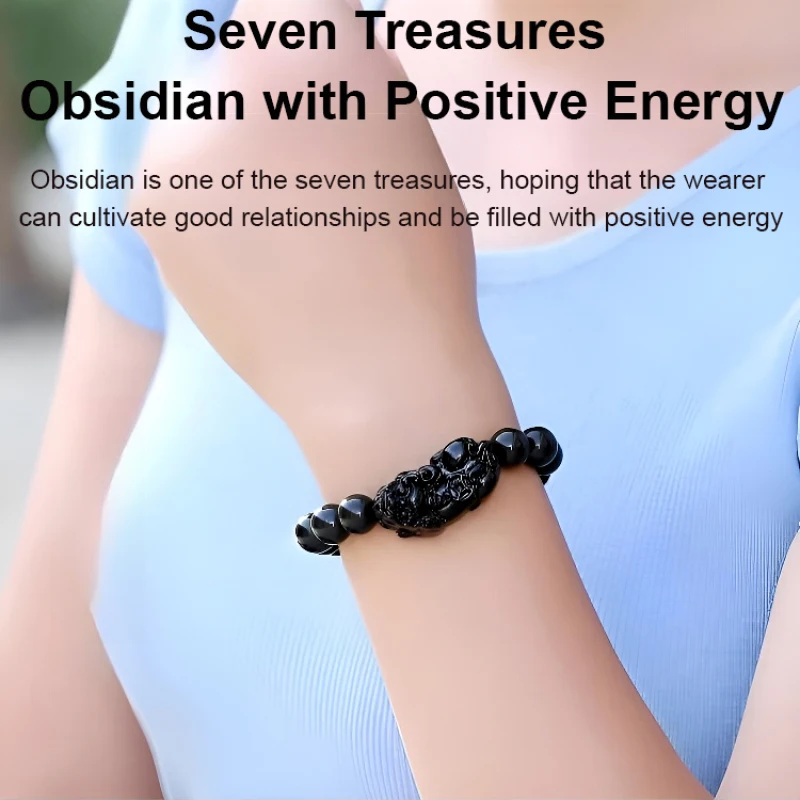 Pulseira Pixiu Cristal para Homens e Mulheres, Pulseira Transferência Obsidiana, Olho Arco-Íris Natural