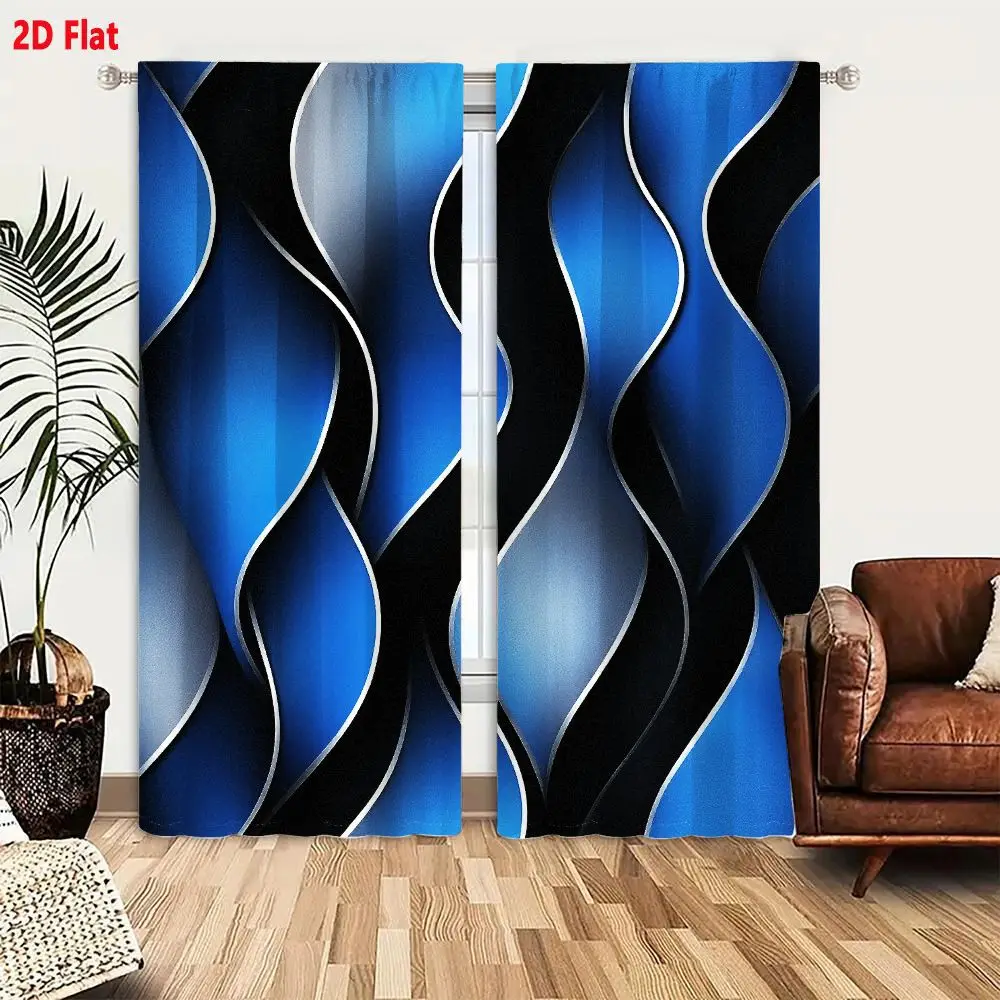 2Pcs Curtains 2D Flat Abstract Artistic Blue Wavy Shapes On Black Background With White Outlines Dynamic Flow 3D Effect Geometri