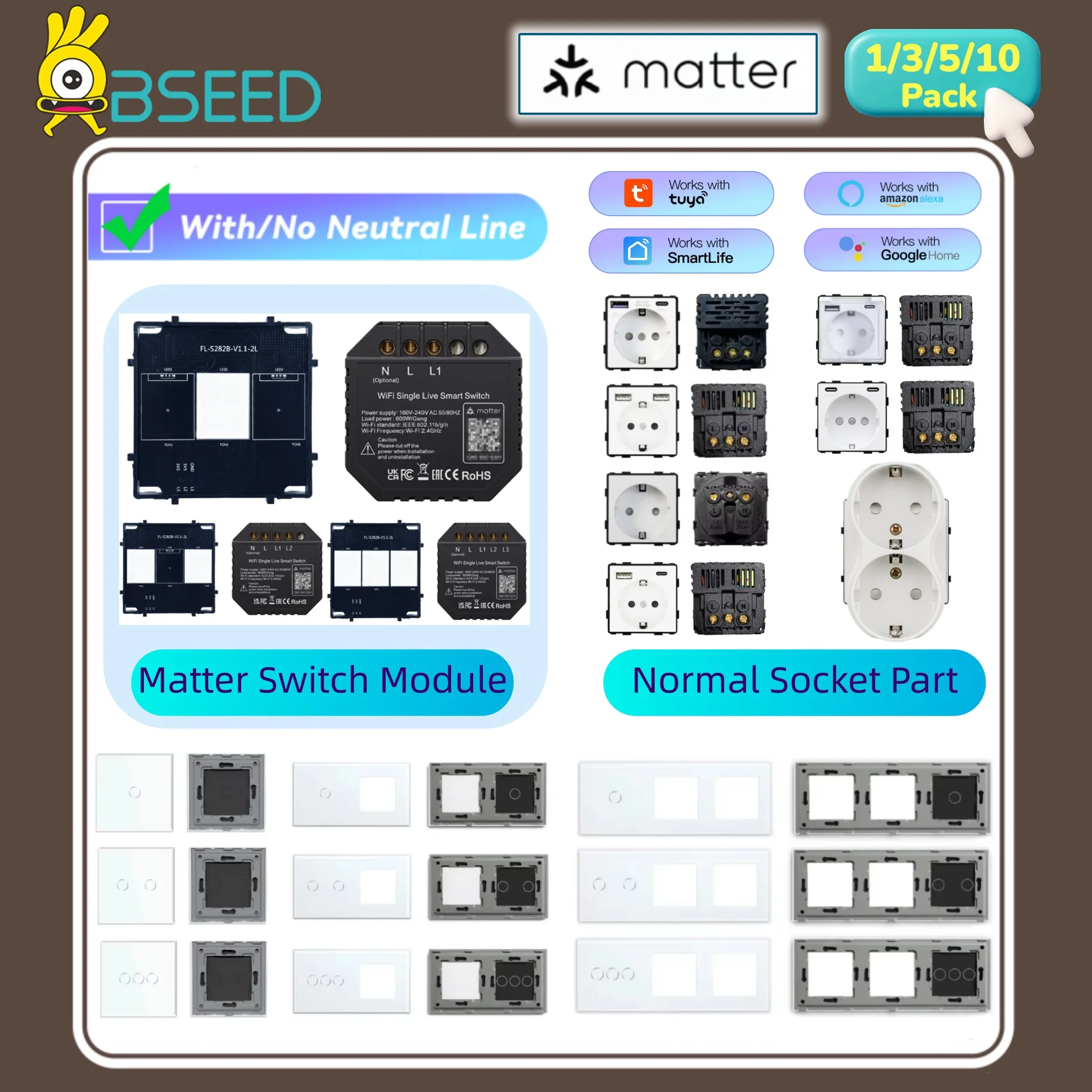 BSEED 1/2/3Gang WIFI Matter Switch Module Parts EU Socket Plug Smart Stair Wall Light Switch Key Tuya APP Free Combination Glass