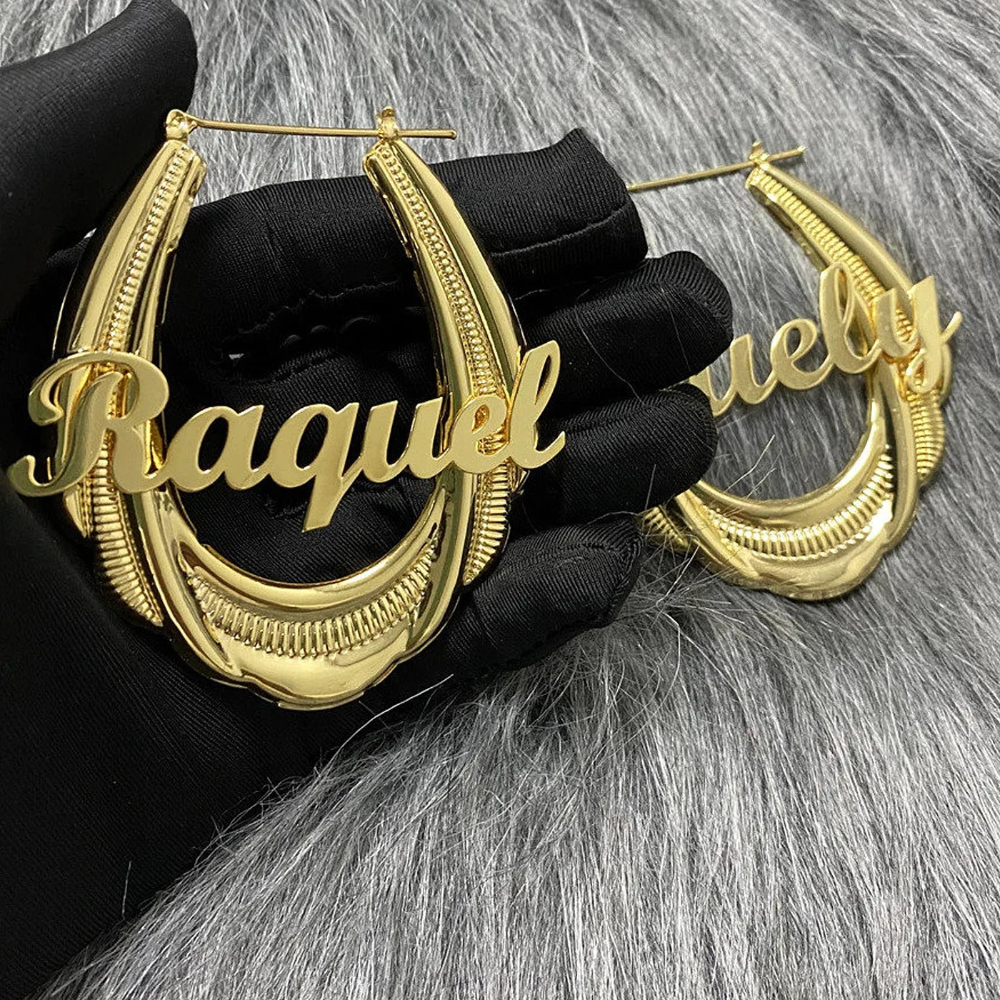 Lateefah New Retro Letters Bamboo Earrings Stainless Steel English Name Temperament 65mm Large Ear Hoop Earrings