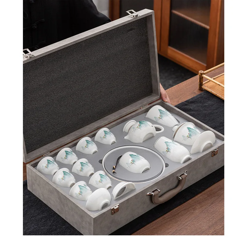 

Suet Jade Kung Fu Tea Set Household High-end Light Luxury Tea Set Cover Bowl Teacup Teapot Gift Box