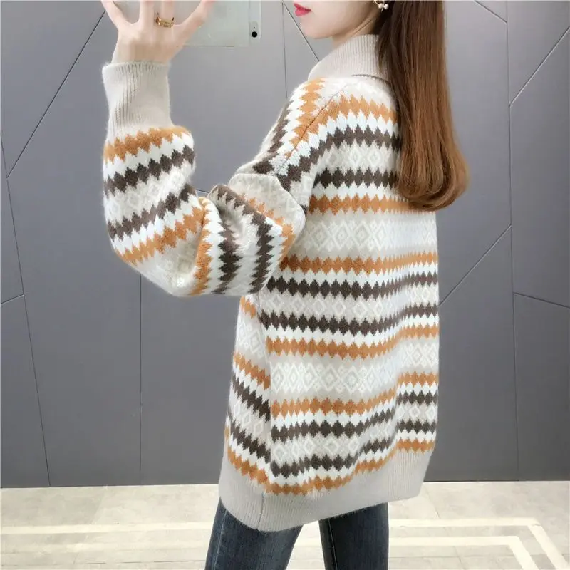 Vintage Turtleneck Warm Sweater Women Autumn Winter Fashion Striped Long Sleeve Knitwear Office Lady All-match Knitting Tops