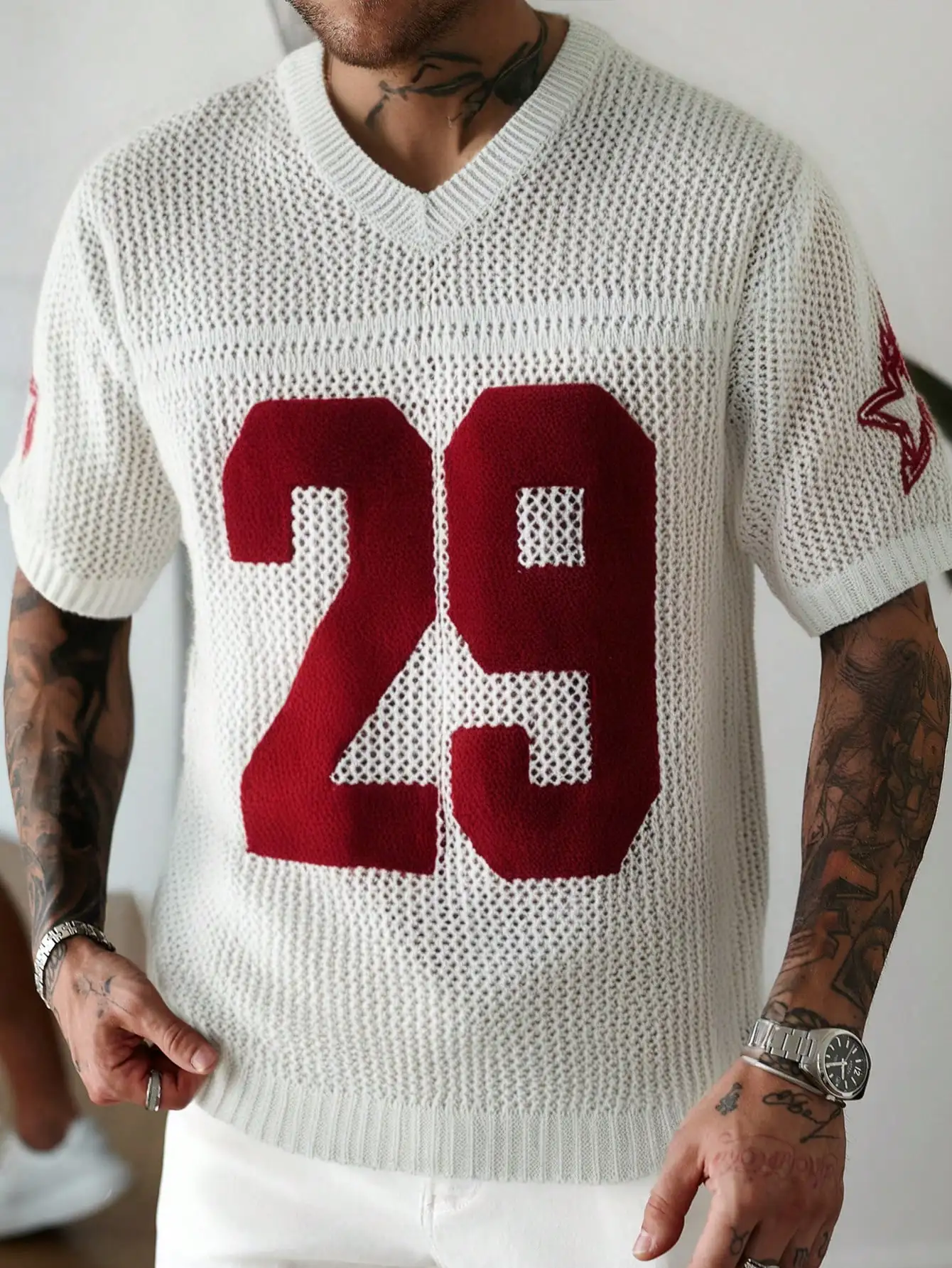 

Men's V-Neck Short Sleeve Knitted Top with Bold Number Print and Hollow-Out Mesh Design