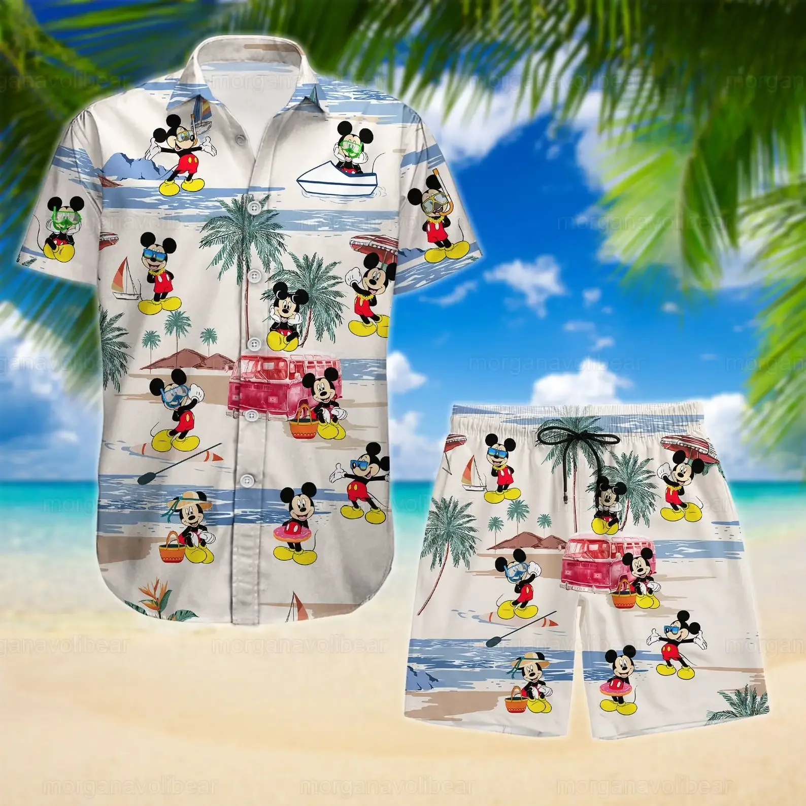 Conjunto de camisa e shorts havaiano mickey masculino e feminino, casual de férias na praia, botão vintage, verão