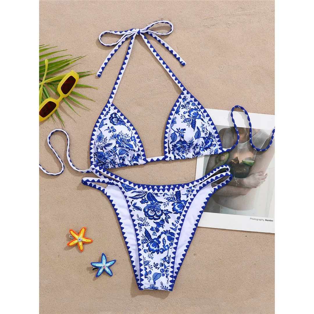 Sexy Blumenmuster Neckholder-Bikini Damen-Badeanzug Zweiteiliger Bikini-Set Brasilianischer Badeanzug Badebekleidung V8203 – Detail 4