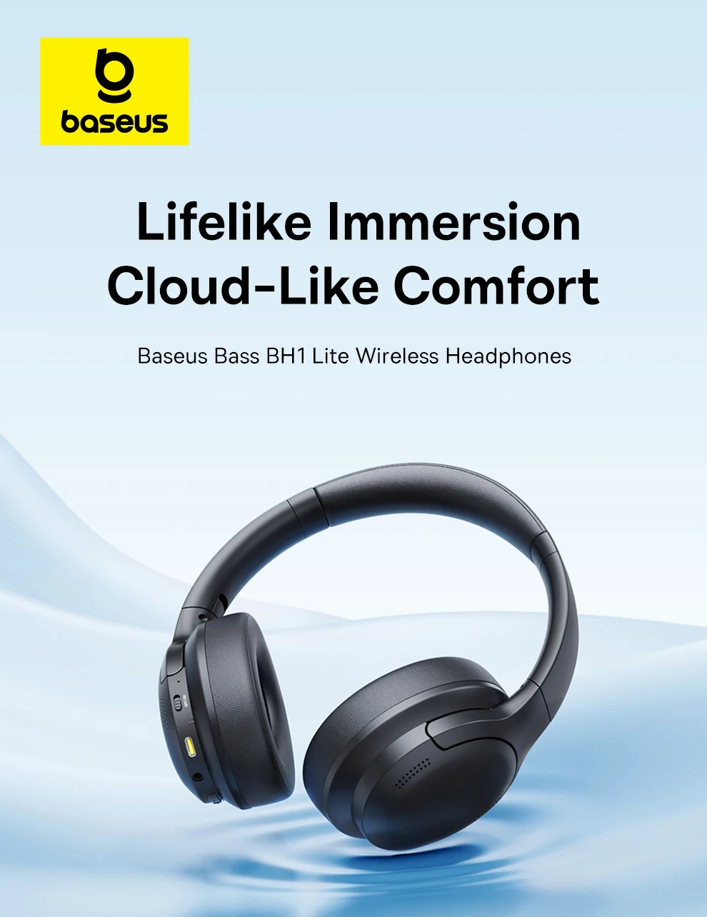 Baseus BH1 Lite Cuffie Bluetooth Over-Ear – Driver 40 Mm, Super Bass, 80 Ore Di Autonomia, Bluetooth 6.0, Leggere 210 G, Nero