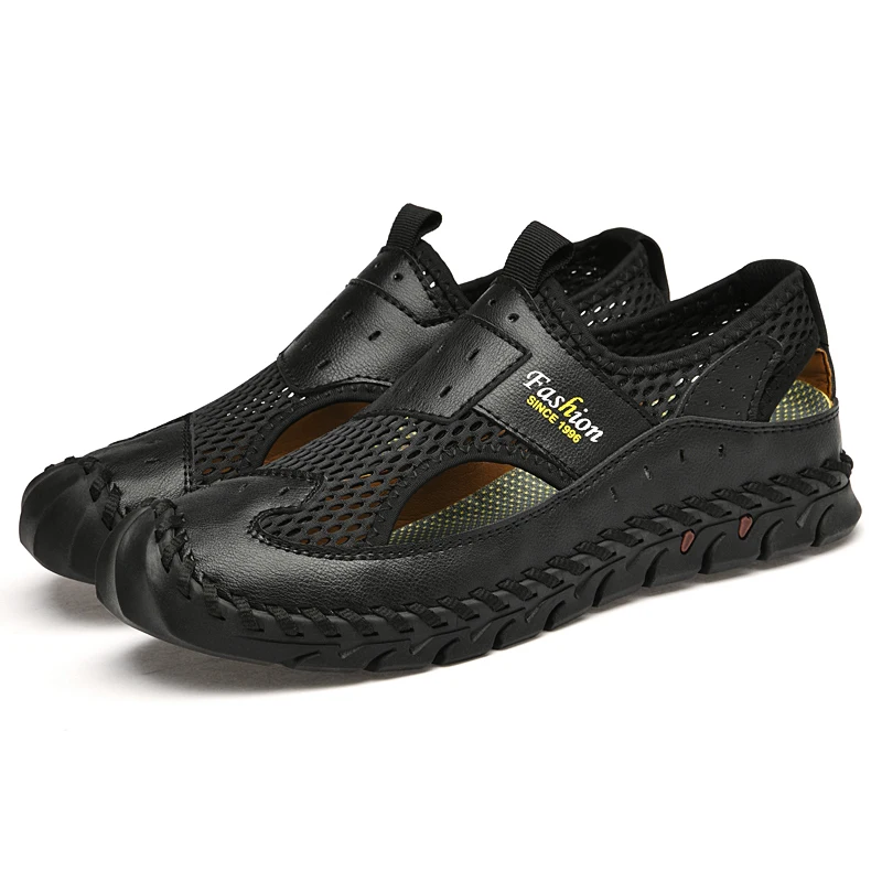 Nieuwe Zomer Sandalen Ademende Heren Schoenen Lederen En Mesh Outdoor Heren Sandalen Antislip Strand Sandalen Holle Flats Schoenen