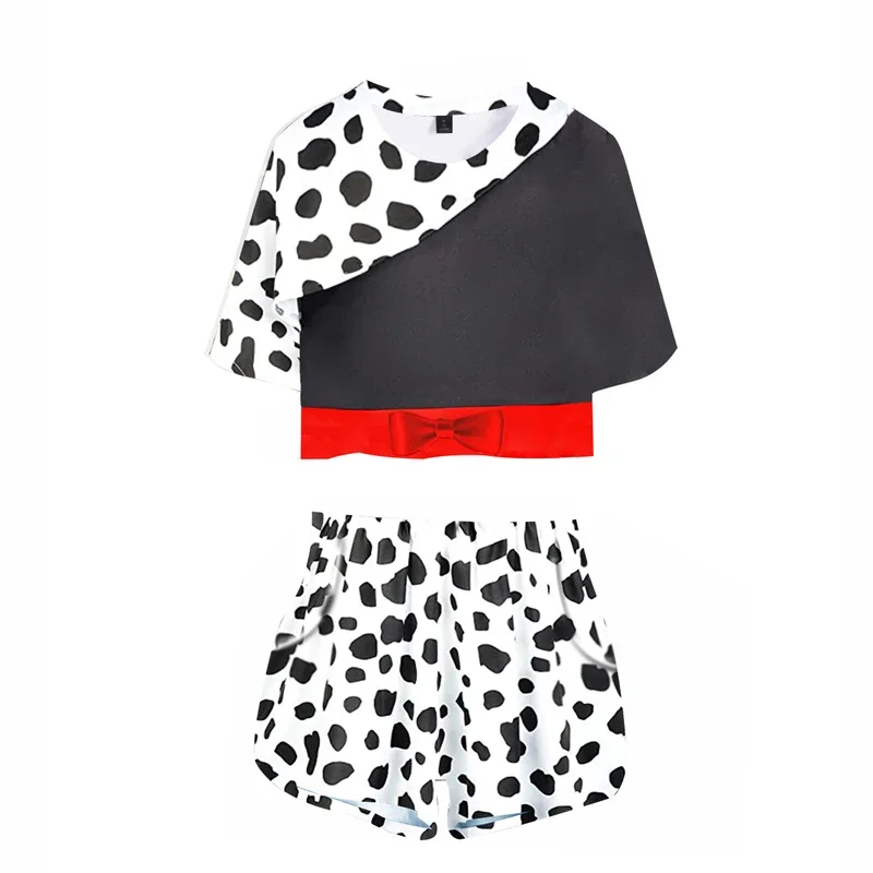 Traje de Cruella vil para as mulheres, traje cosplay, camisa e shorts, top curto, saia, halloween, carnaval