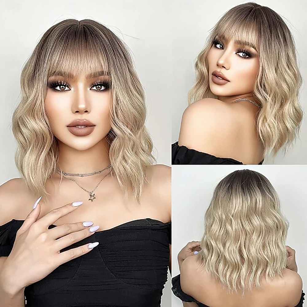 HAIRJOY Synthetic Hair   Bob Wig for Women Short Wavy Wig with Bangs Dark Roots Heat Resistant Synthetic Party Wig
