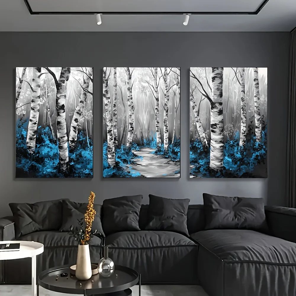 （NoFrame 3PCS）-Modern Landscape Canvas Art Prints - 3 Piece Frameless Birch Tree Wall Decor, Tranquil Blue and Gray Nature Po