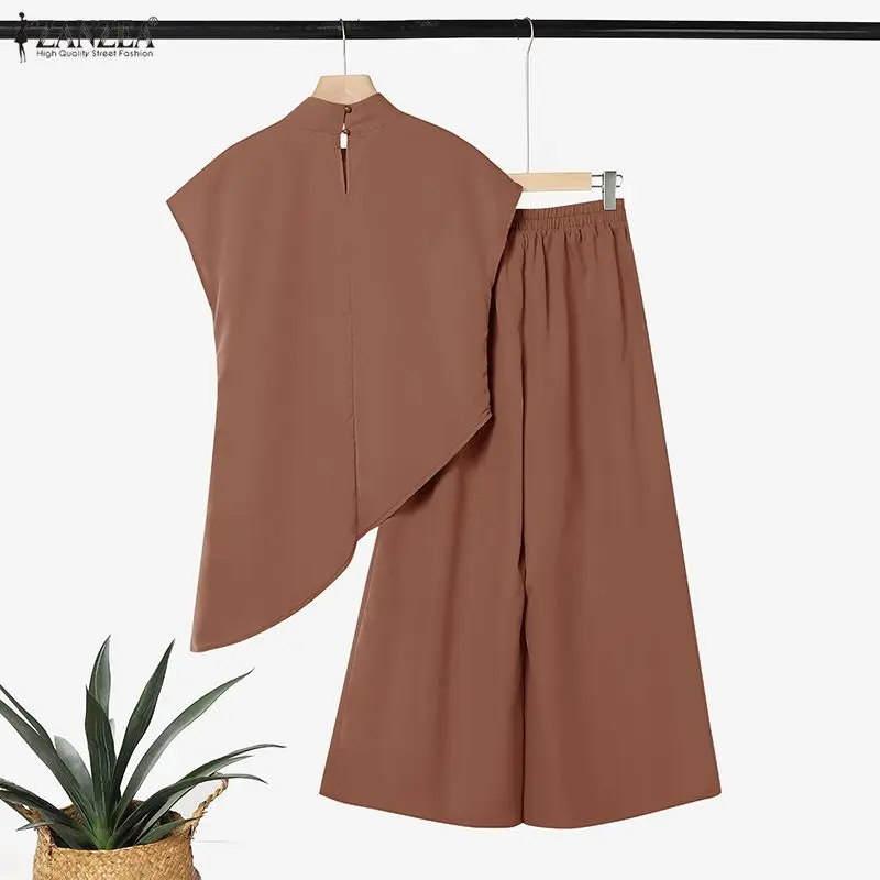 Stilvolle Sommer-Zweiteiler-Sets von ZANZEA für Damen: Oberteile mit Stehkragen, Kurzen Ärmeln und Unregelmäßigem Saum, Weite Hosen, Elegante Büro-Outfits – Detail 10