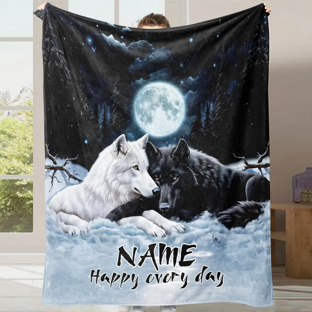 Maßgeschneiderte personalisierte Decke mit Wolf-Motiv, geeignet für Paare und alle Jahreszeiten – ideale Camping-, Wohnzimmer-Sofadecke