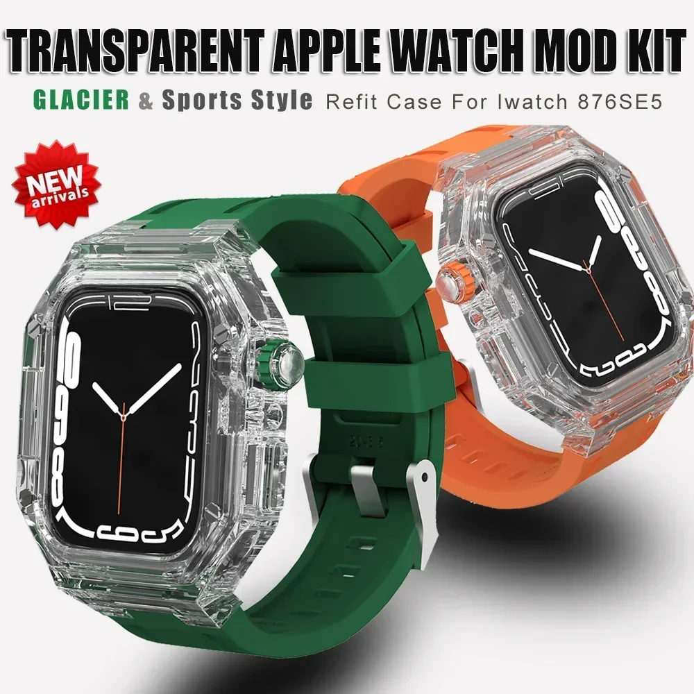 

44mm 40mm Glacier Modification Kit Rubber Band For Apple Watch 9 8 7 45MM 41MM Transparent Mod Case For iWatch Series 6 SE 5
