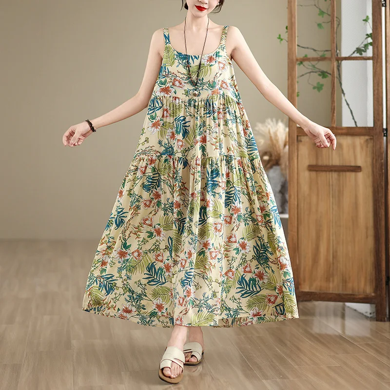 

Свободное хлопково-льняное платье больших размеров, женское длинное платье на бретельках с цветочным принтом, свободное платье на одно плечо, женское модное платье макси