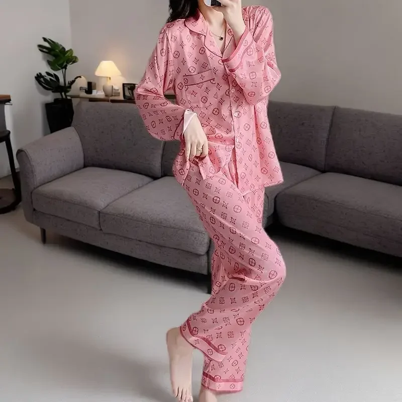 Pajamas Women\'s Clothing Suits Spring Thin Ice Silk Cardigan Home Soft Cozy Simple Relaxed Casual Skinny Warm Freshness Sweet